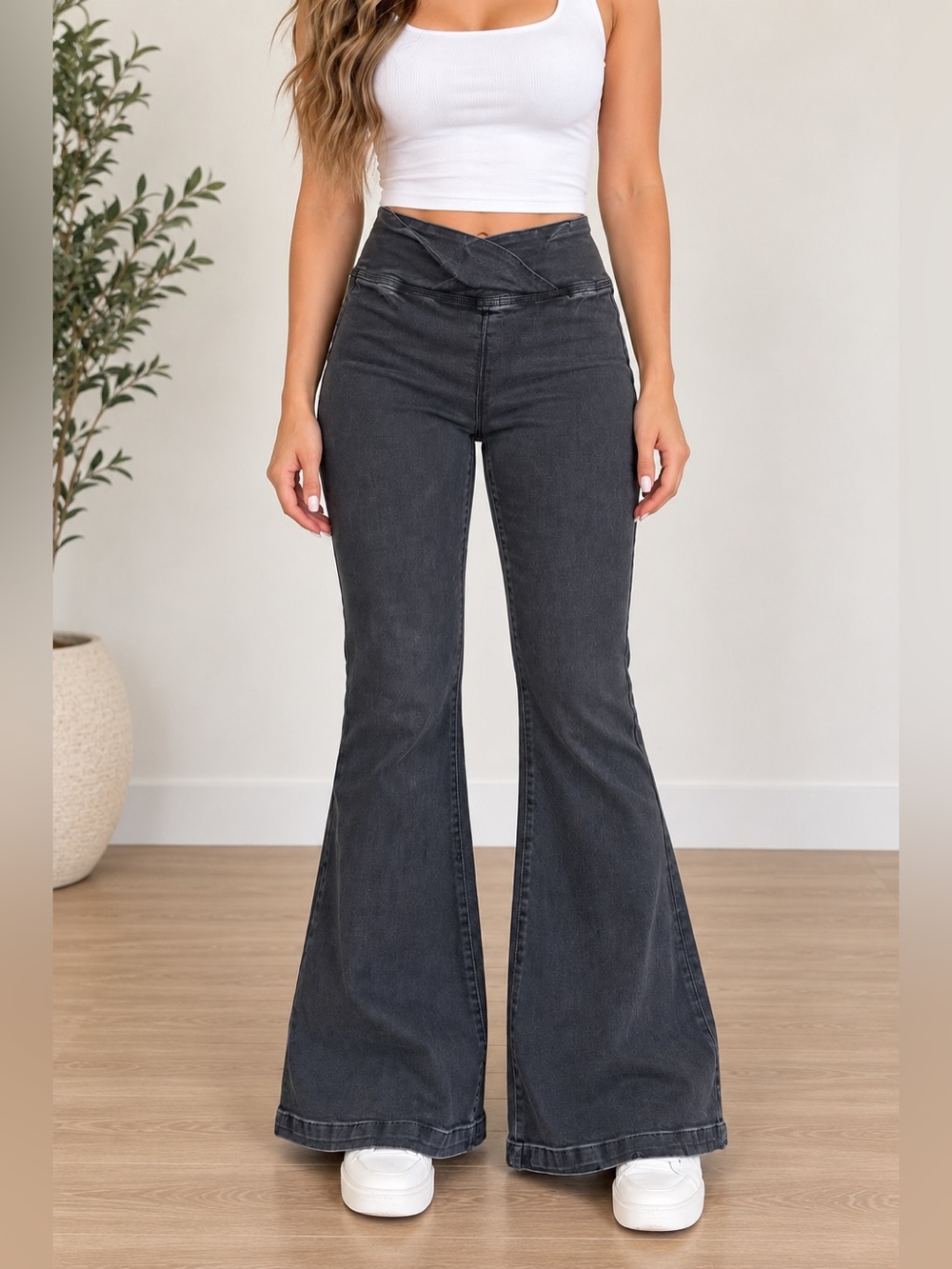 Free People We The Free Black Crossover Waist Flare Jeans